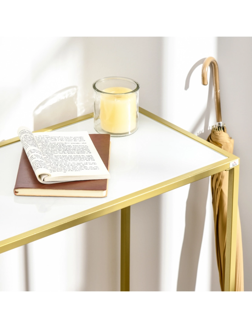 imagem de HOMCOM Mesa Consola Mesa de Entrada com Vidro e Estrutura de Aço para Corredor Sala de Estar Estilo Moderno com Anti-Rolamento Carga Máxima 25kg 100,5x35x80cm Branco e Dourado8