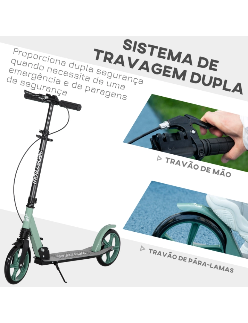imagem de HOMCOM Trotinete Dobrável para Adultos e Crianças acima de 14 Anos Trotinete com Guiador Ajustável Rodas Grandes de 200mm Amortecimento e Travão Carga Máxima 100kg 91,5x36,5x91-104cm Verde6
