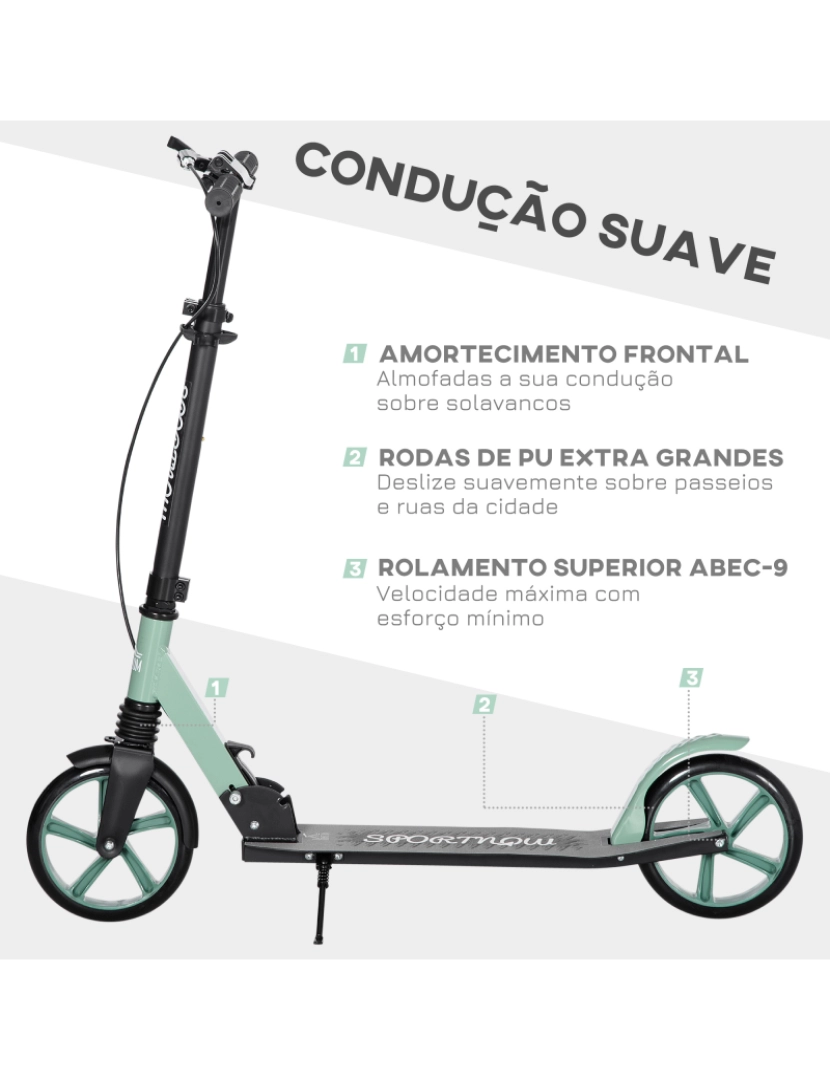 imagem de HOMCOM Trotinete Dobrável para Adultos e Crianças acima de 14 Anos Trotinete com Guiador Ajustável Rodas Grandes de 200mm Amortecimento e Travão Carga Máxima 100kg 91,5x36,5x91-104cm Verde7
