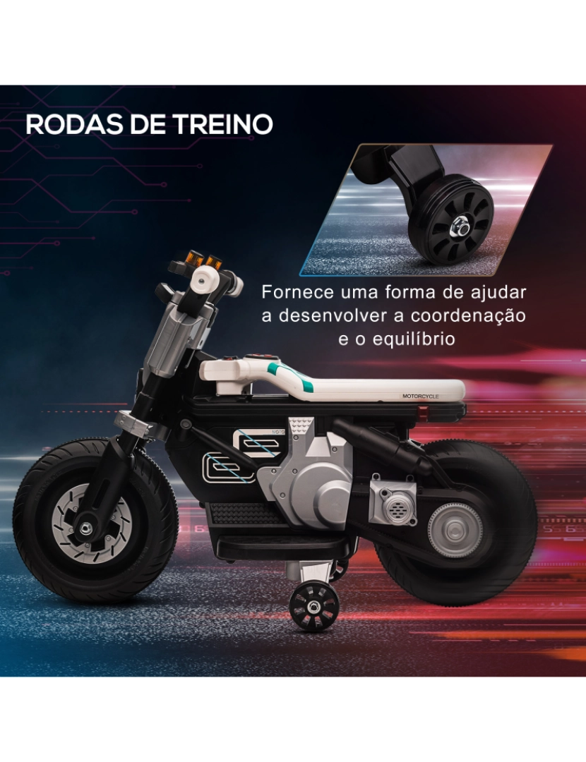 imagem de HOMCOM Mota Elétrica Infantil Mota a Bateria 6V com Farol Música Buzina Velocidade 3km/h Avance e Retrocesso e Rodas Auxiliares para Crianças de 3-5 Anos Carga 25kg 86x44x58cm Preto e Branco7
