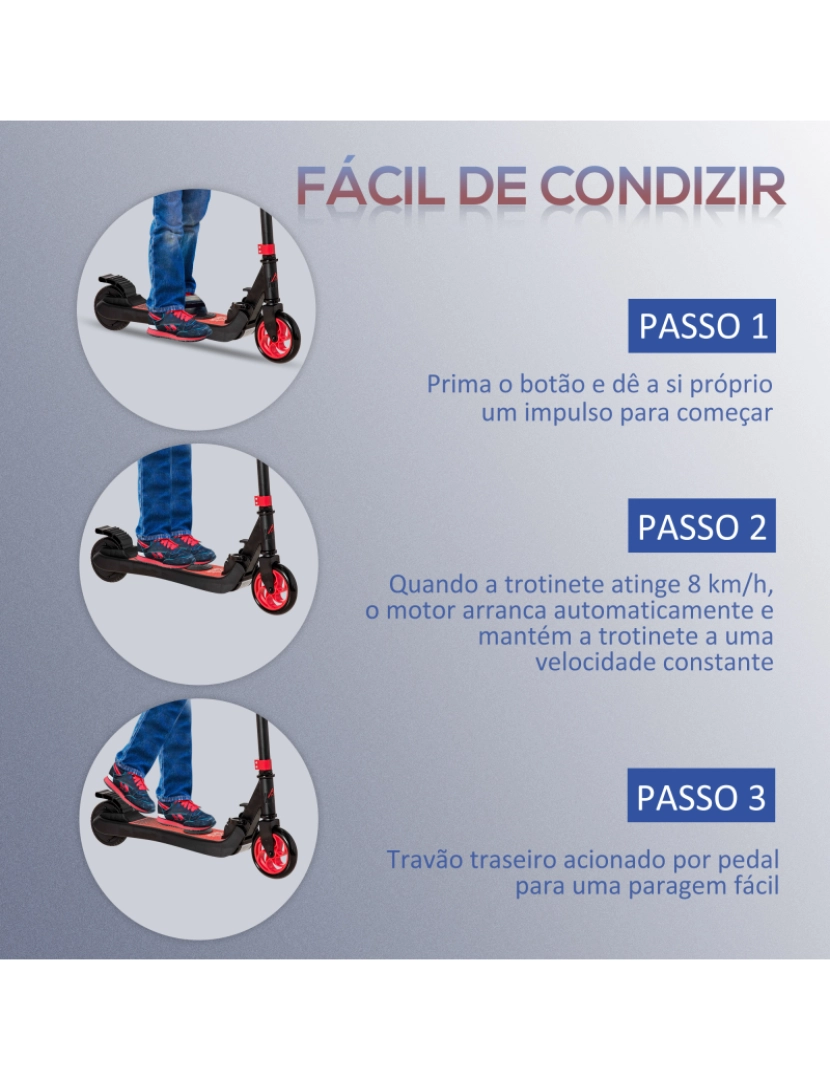 imagem de HOMCOM Trotinete Elétrica para Crianças acima de 6 Anos Trotinete Elétrica Dobrável com Altura Ajustável Bateria 24V Velocidade Máxima 8km/h Carga Máxima 50kg 71x36,5x75-80cm Vermelho5