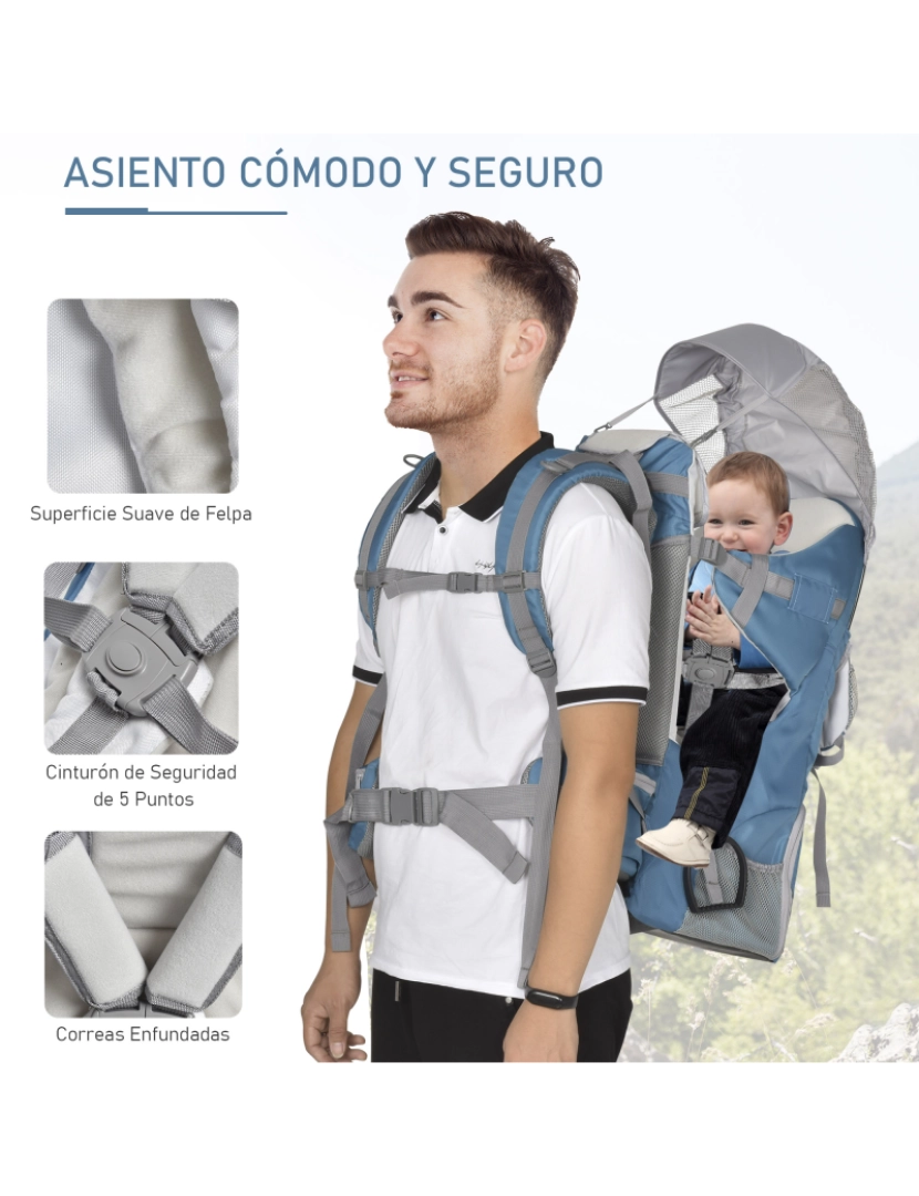 imagem de HOMCOM Mochila Porta Bebés Dobrável e Ajustável Porta Bebés Ergonómica para Crianças de 6-36 Meses com Proteção contra Chuva e Sol Carga Máxima 18 kg Cinza e Azul6
