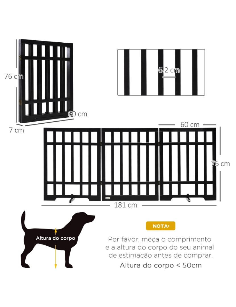 imagem de PawHut Barreira de Segurança Dobrável para Cães Grade de Madeira para Animais de Estimação de 3 Painéis com Suporte de Pé para Escadas e Portas 181x35x76cm Preto3