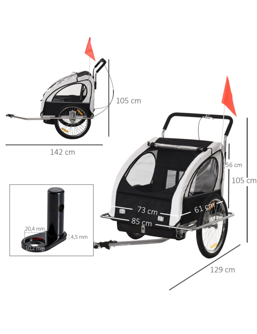 imagem de Reboque de Bicicleta Infantil 142x85x105cm cor branco e preto 5664-0086wb3