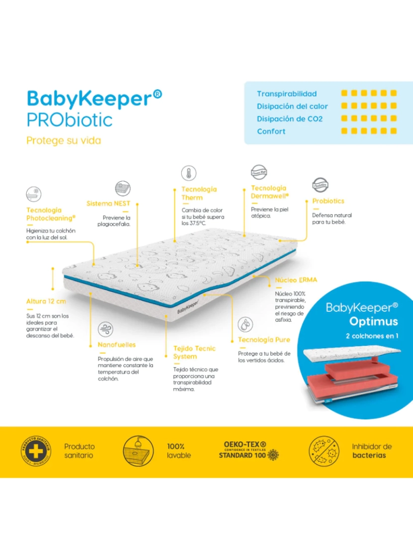 imagem de Colchão para Berço BabyKeeper PRObiotics Optimus 60x120x12cm5