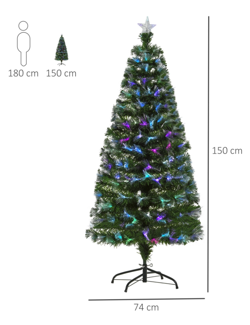 imagem de HOMCOM Árvore de Natal Artificial 150cm com 180 Ramos Luzes LED de Múltiplas Cores e Estrela Decorativa Ø74x150 cm Verde3