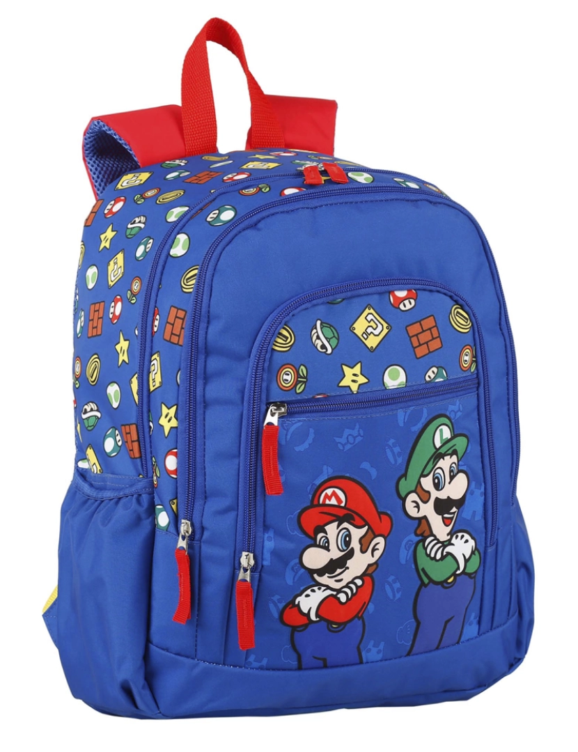 DAM - DAM. Mochila primária Super Mario e Luigi com compartimento duplo, grande capacidade e adaptável ao trolley.