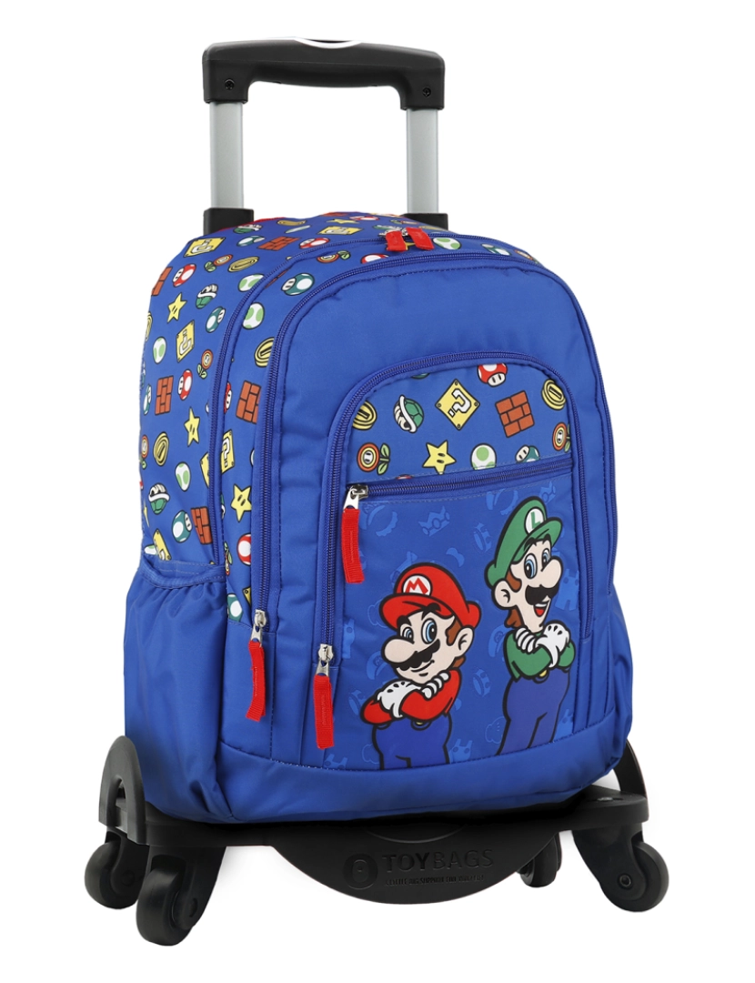 DAM - DAM. Mochila primária Super Mario e Luigi com compartimento duplo + trolley com proteção lateral e batente frontal, 4 rodas multidirecionais.