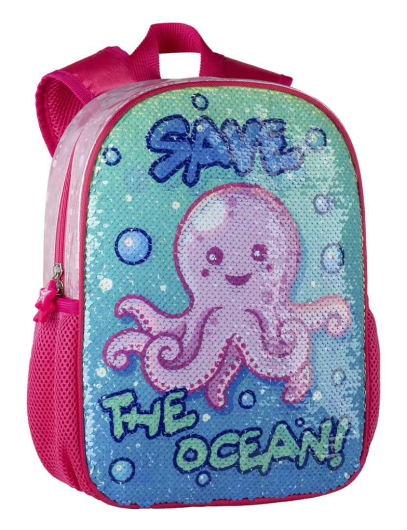 DAM - DAM. Mochila para berçário infantil e pré-escolar, Octopus Save The Ocean com lantejoulas reversíveis.