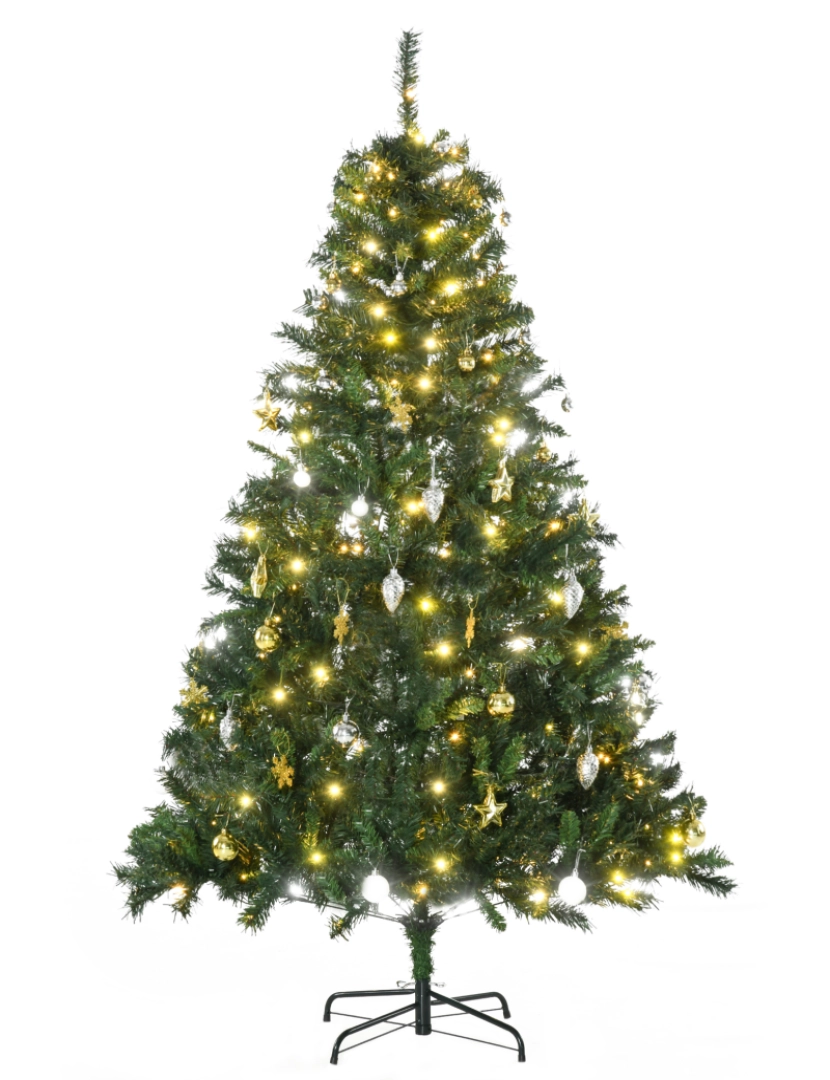 Homcom - HOMCOM Árvore de Natal Artificial 180cm Árvore de Natal com 745 Ramos 200 Luzes LED com Cor Branco Quente Suporte e Decorações Incluídas Ø112x180cm Verde