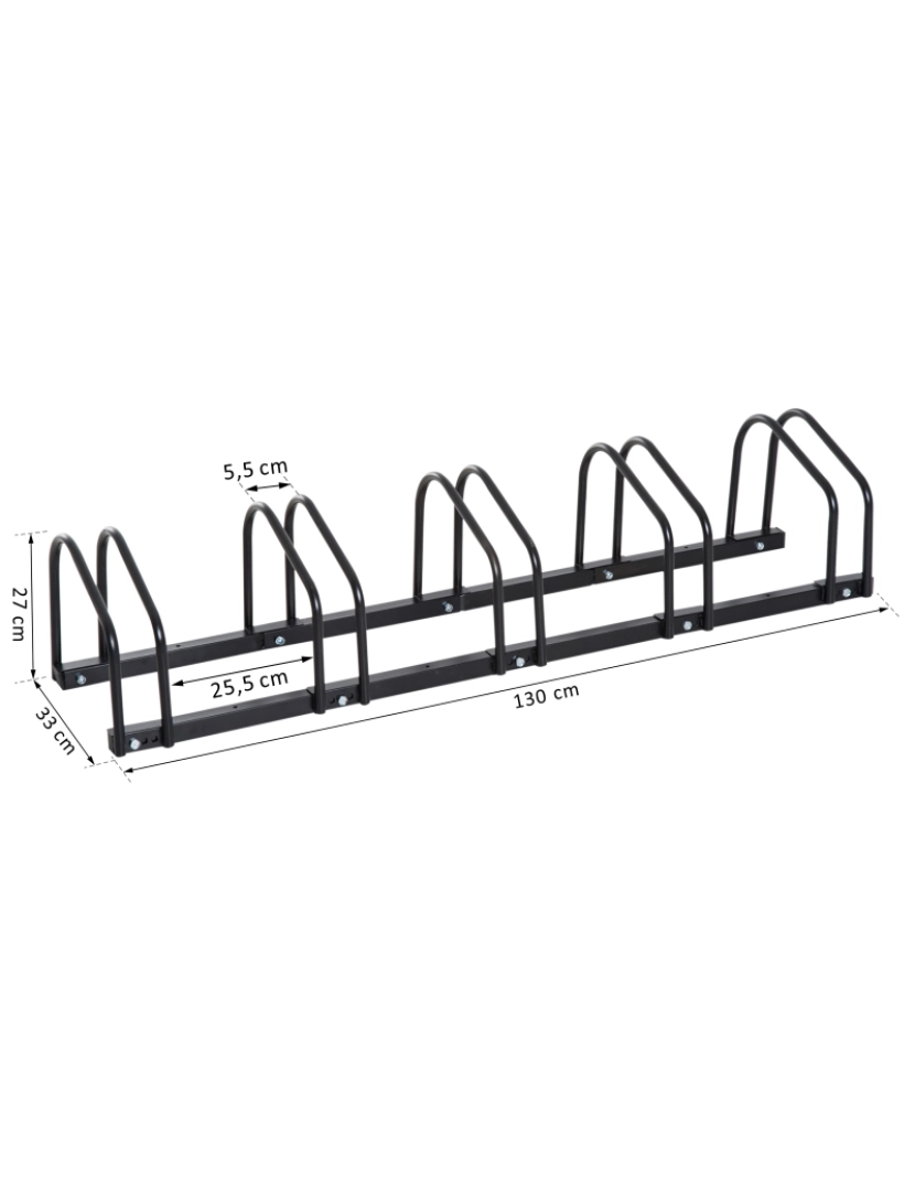 imagem de HOMCOM Estacionamento para 5 Bicicletas Suporte de Aço para Estacionar Bicicletas no chão para Interior e Exterior 130x33x27cm Preto3