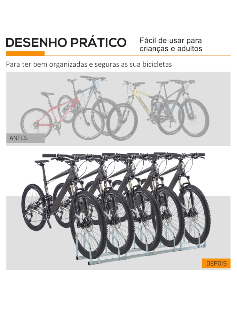 imagem de HOMCOM Estacionamento para 5 Bicicletas Suporte de Aço para Estacionar Bicicletas no chão para Interior e Exterior 130x33x27cm Preto6