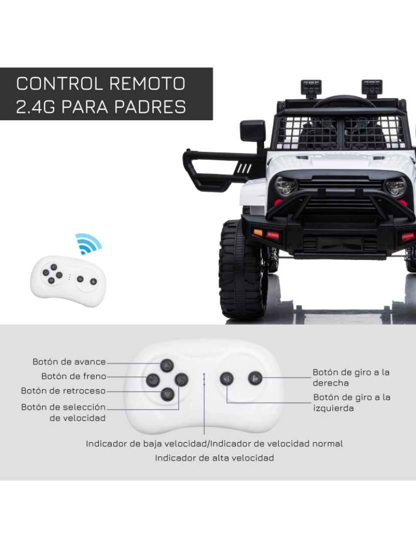 imagem de HOMCOM Carro Elétrico para Crianças acima de 3 anos Carro de Bateria 12V com 2 Motores Controle Remoto 2.4G Luzes Música MP3 e Rádio 99,2x66,6x66,6cm Branco6