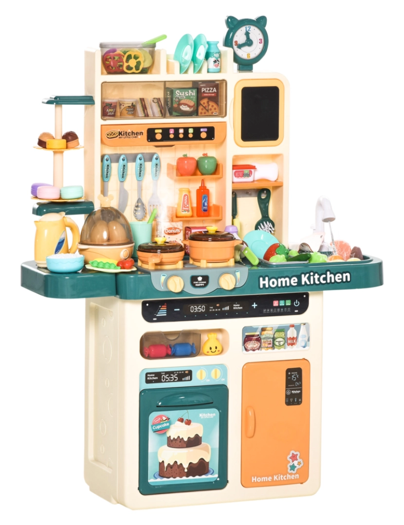 imagem de HOMCOM Cozinha de Brinquedo para Crianças acima de 3 Anos com Luz Sons Água Vapor Lousa 113 Acessórios Incluidos Cozinha Infantil Educativa 70x32x92,2cm Multicor1