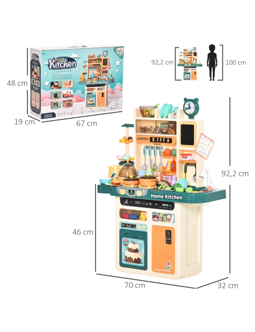 imagem de HOMCOM Cozinha de Brinquedo para Crianças acima de 3 Anos com Luz Sons Água Vapor Lousa 113 Acessórios Incluidos Cozinha Infantil Educativa 70x32x92,2cm Multicor3