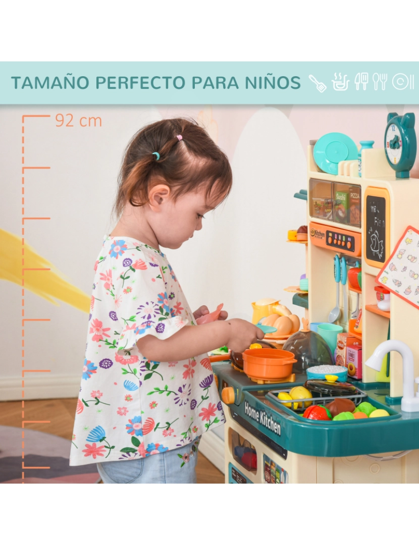imagem de HOMCOM Cozinha de Brinquedo para Crianças acima de 3 Anos com Luz Sons Água Vapor Lousa 113 Acessórios Incluidos Cozinha Infantil Educativa 70x32x92,2cm Multicor7