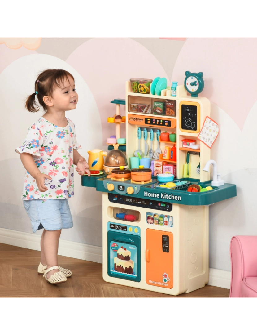imagem de HOMCOM Cozinha de Brinquedo para Crianças acima de 3 Anos com Luz Sons Água Vapor Lousa 113 Acessórios Incluidos Cozinha Infantil Educativa 70x32x92,2cm Multicor9