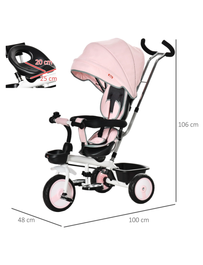 imagem de HOMCOM Triciclo para Bebé 2 em 1 Triciclo Evolutivo para Crianças de 1-5 Anos com Capô Dobrável Guiador Telescópico Grade de Proteção Removível e Apoio para os Pés 100x48x106cm Rosa3