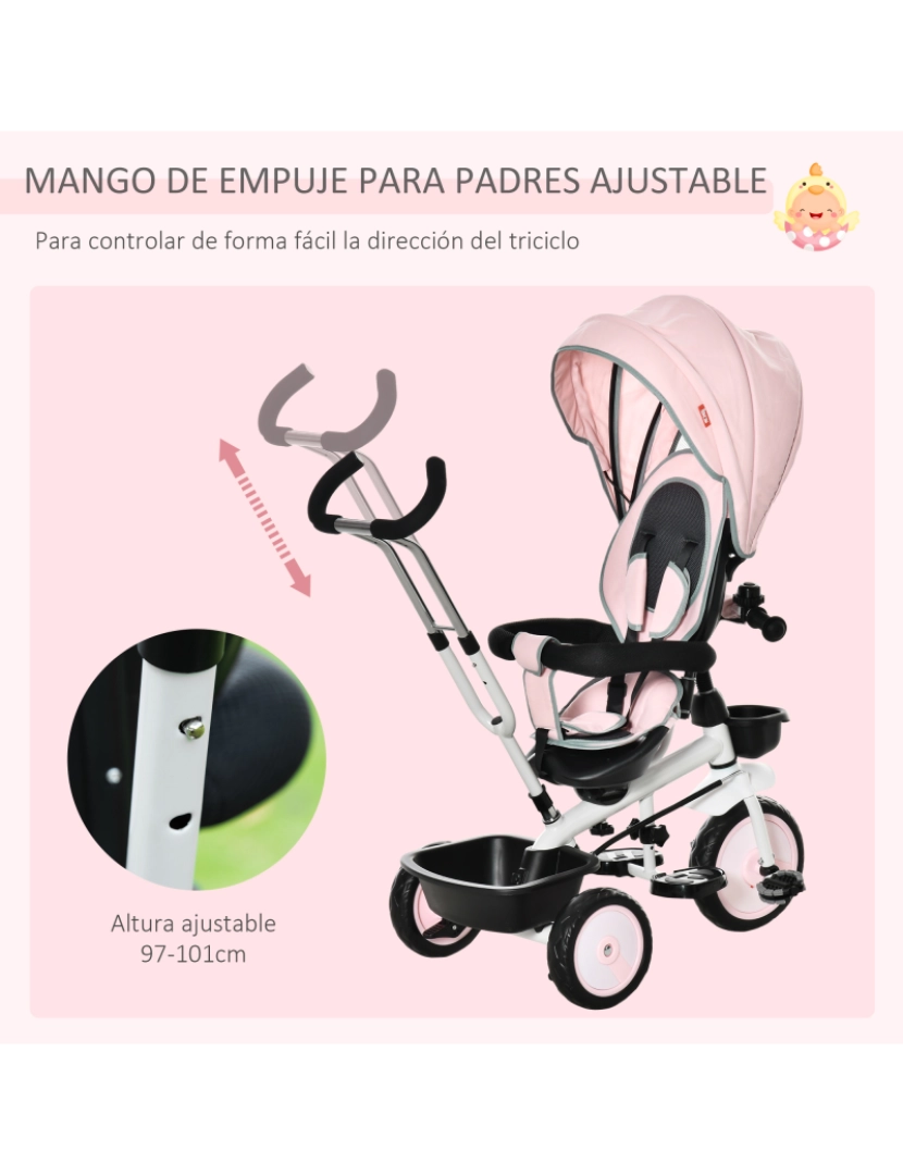 imagem de HOMCOM Triciclo para Bebé 2 em 1 Triciclo Evolutivo para Crianças de 1-5 Anos com Capô Dobrável Guiador Telescópico Grade de Proteção Removível e Apoio para os Pés 100x48x106cm Rosa7