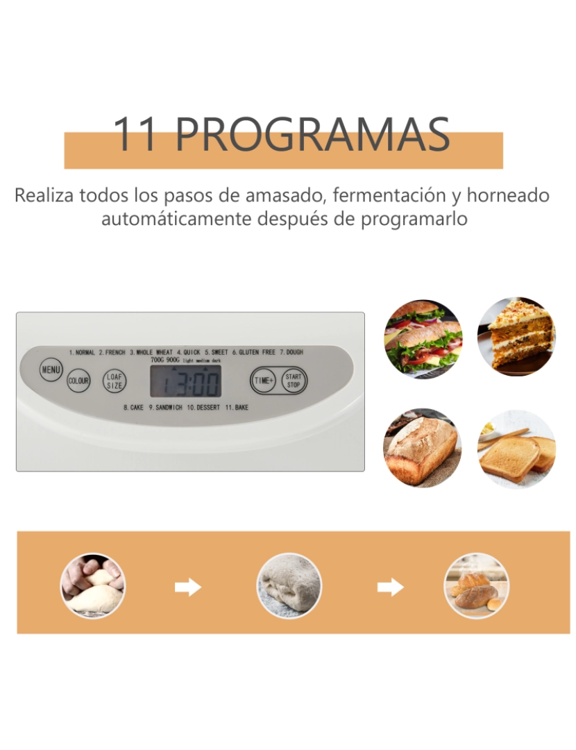 imagem de HOMCOM Máquina de Pão Automática com 11 Programas para Pães e Doces com Tela de LCD Temporizador programável de 13 horas em Aço Inoxidável 29,6x23,3x29,2 cm Branco6