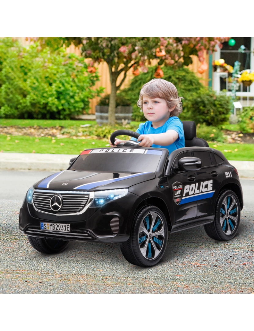 imagem de HOMCOM Carro de Polícia Elétrico para Crianças acima de 3 anos Mercedes EQC Bateria 12V com Controle Remoto Música Buzina e Faróis Dupla Abertura 106x68x53 cm Preto2