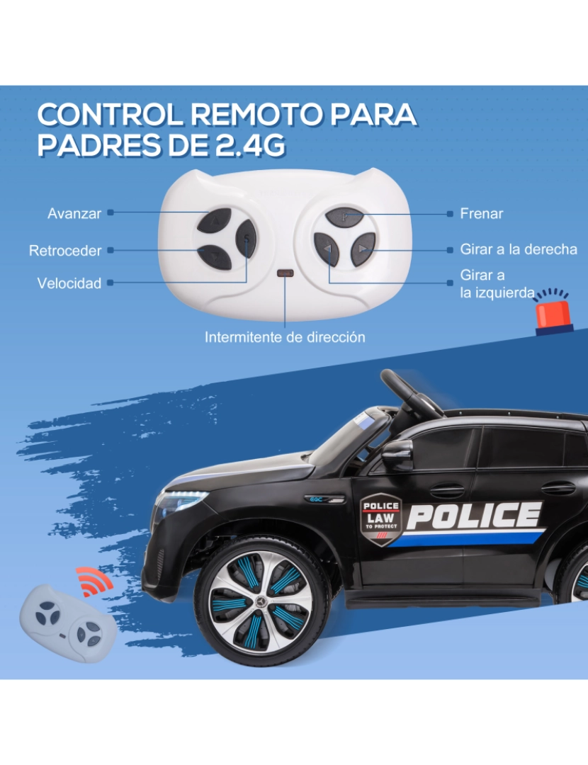 imagem de HOMCOM Carro de Polícia Elétrico para Crianças acima de 3 anos Mercedes EQC Bateria 12V com Controle Remoto Música Buzina e Faróis Dupla Abertura 106x68x53 cm Preto6