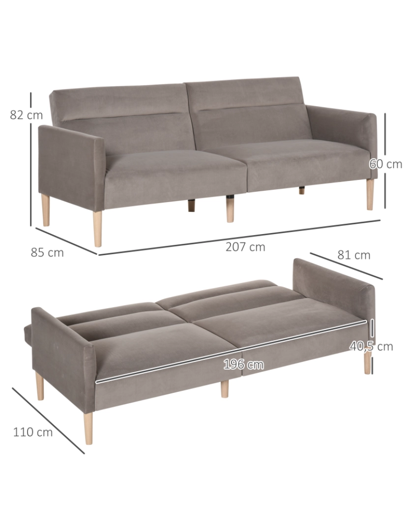 imagem de HOMCOM Sofá-Cama Convertível e Reclinável com Apoios de Braços e 2 Encostos Ajustáveis Separadamente em 3 Posições Aveludado 196x85x82 cm Cinza3