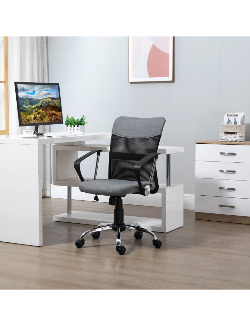 imagem de Vinsetto Cadeira ergonômica giratória de escritório com assento ajustável em altura, apoios de braço e rodas 57x57x93-103 cm Preto e cinza2