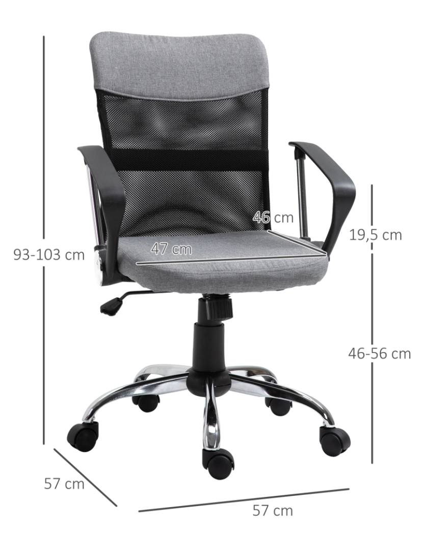 imagem de Vinsetto Cadeira ergonômica giratória de escritório com assento ajustável em altura, apoios de braço e rodas 57x57x93-103 cm Preto e cinza3