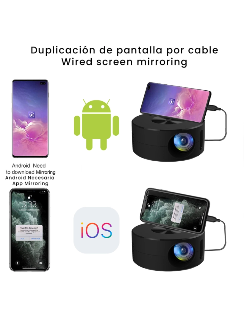 imagem de DAM. Miniprojetor LCD YT200, espelhamento de tela iOS/Android com fio. Suporta resolução 1080P. Conexão USB. De 14 a 100 polegadas. Com controle remoto.2