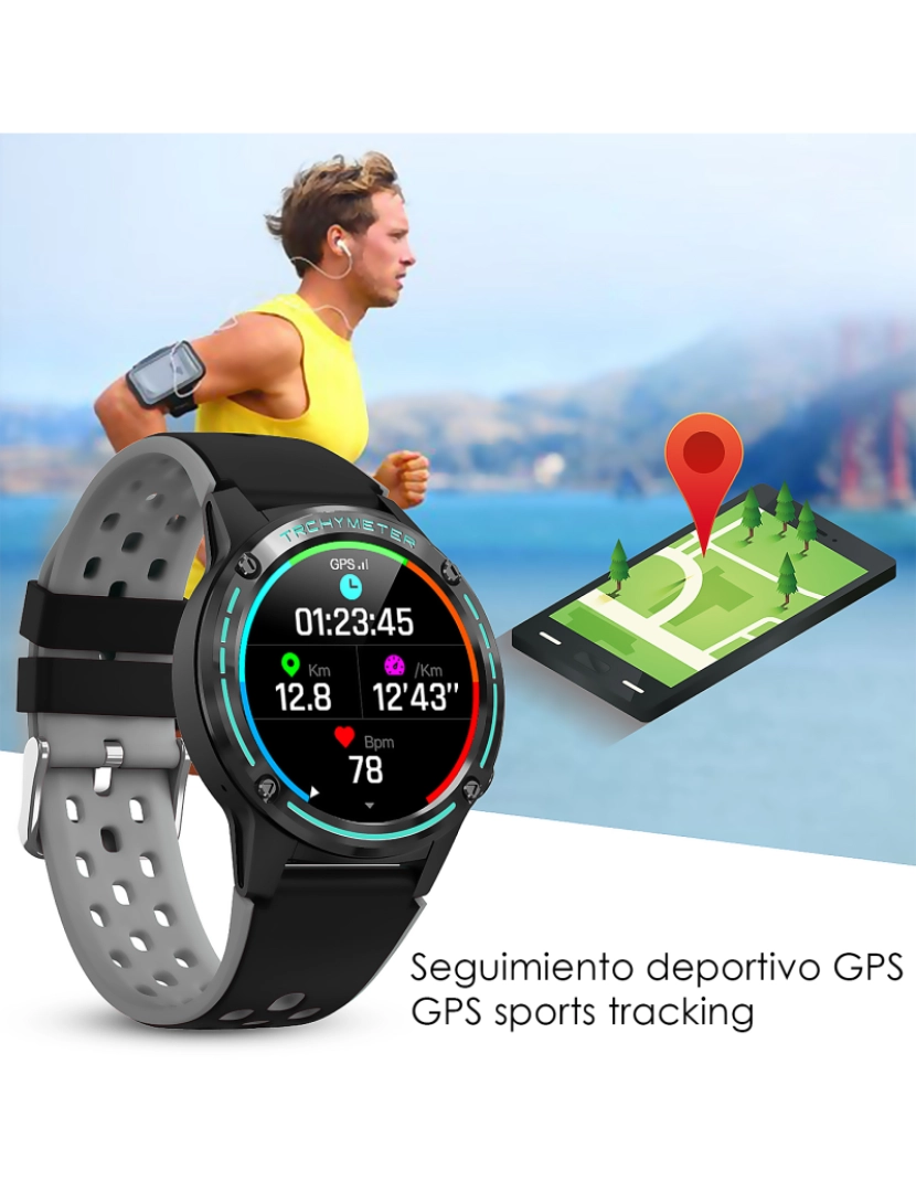 imagem de DAM. Smartwatch M6S. Funções esportivas com rastreamento GPS. Bússola, barômetro e altímetro. SIM, monitor cardíaco, notificações de aplicativos.2