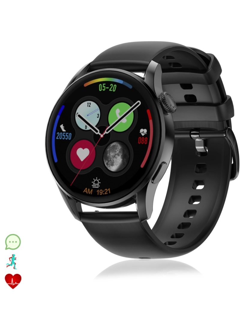 DAM - DAM. Smartwatch DT3 com notificações, tela dividida, modos multiesportivos e monitor cardíaco.
