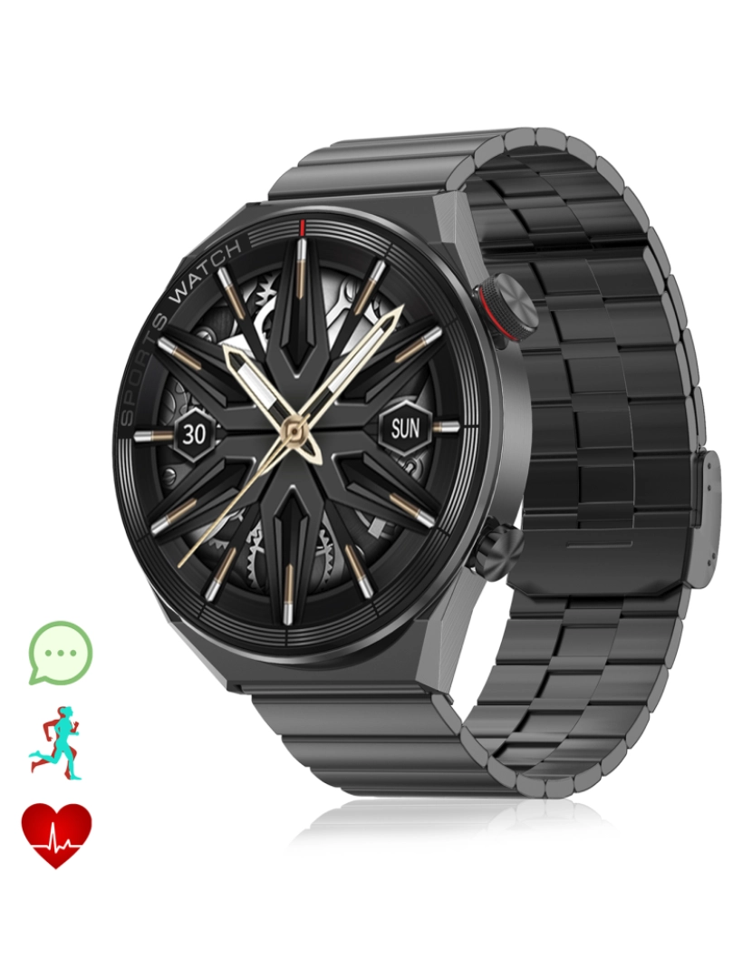 DAM - DAM. Smartwatch DT3 Mate com notificações, tela dividida, modos multiesportivos e monitor cardíaco. Inclui tiras de metal e silicone.