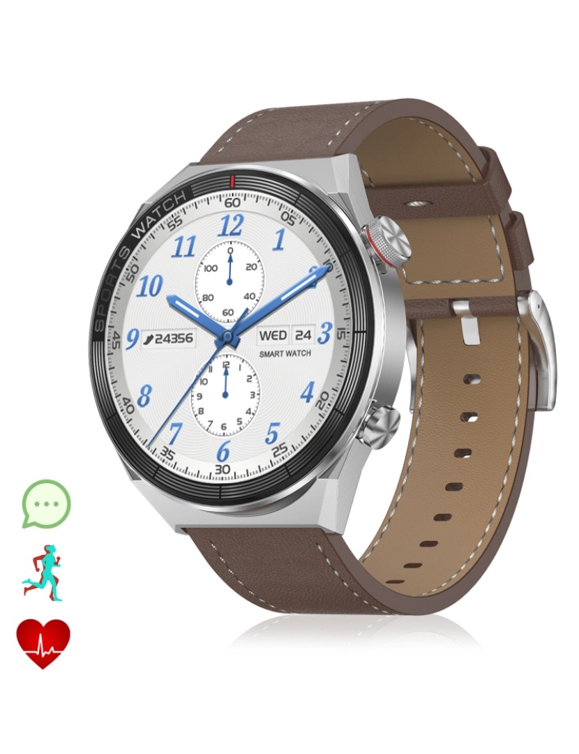 DAM - DAM. Smartwatch DT3 Mate com notificações, tela dividida, modos multiesportivos e monitor cardíaco. Pulseira de couro.
