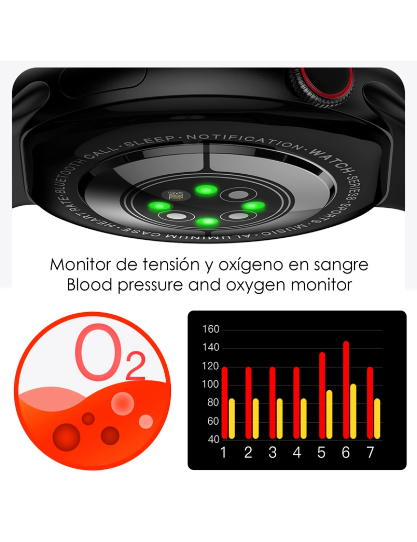 imagem de DAM. Smartwatch Watch8Pro com modo multisport, termômetro, O2 no sangue, pressão arterial, ECG.5