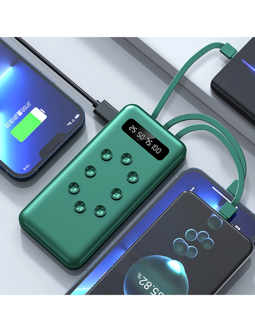 imagem de DAM. Powerbank de 10.000mAh com ventosas para posterior fixação no smartphone. Vários conectores integrados: USB-C, Lightning, Micro USB, USB.4