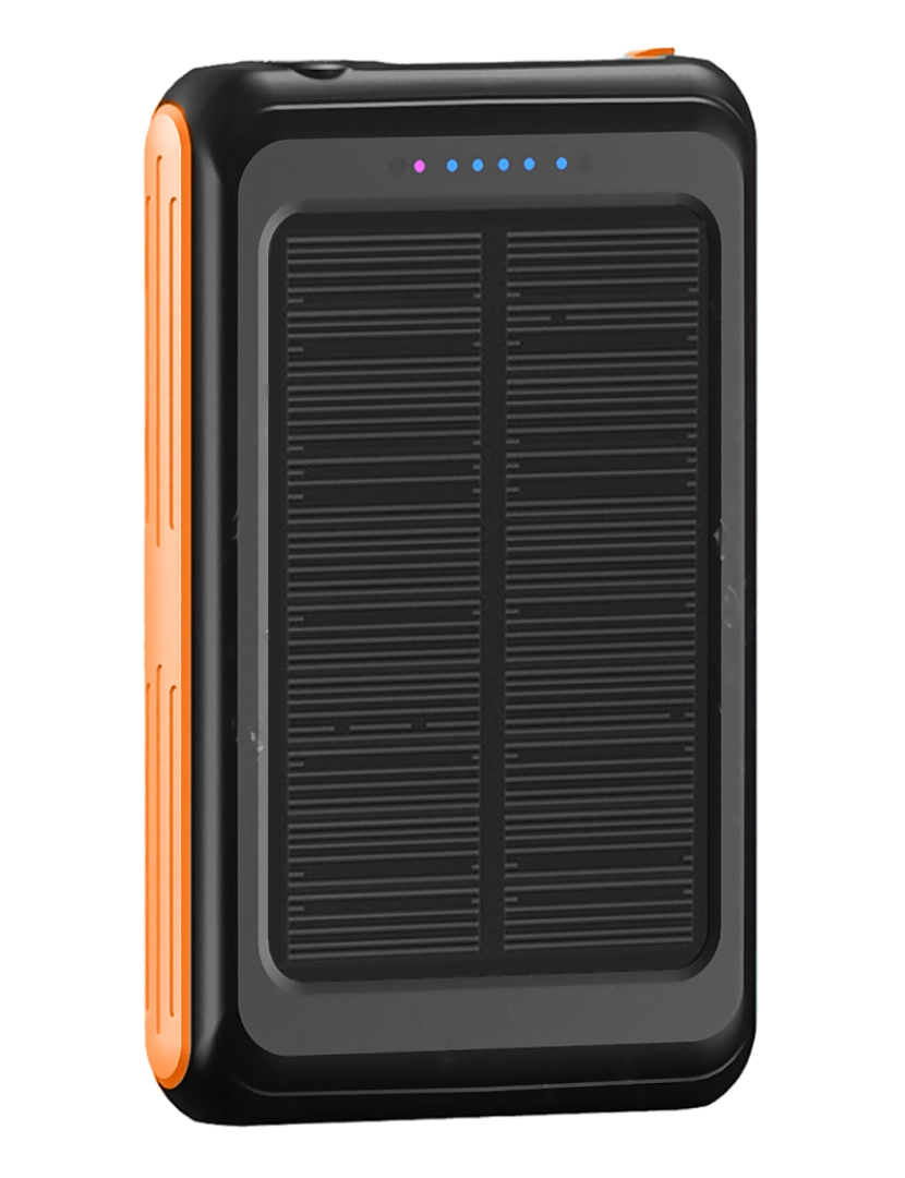imagem de DAM. Powerbank solar de 5.000 mAh com carregamento sem fio de 5 W compatível com Magsafe. saída USB. Lanterna led embutida.8