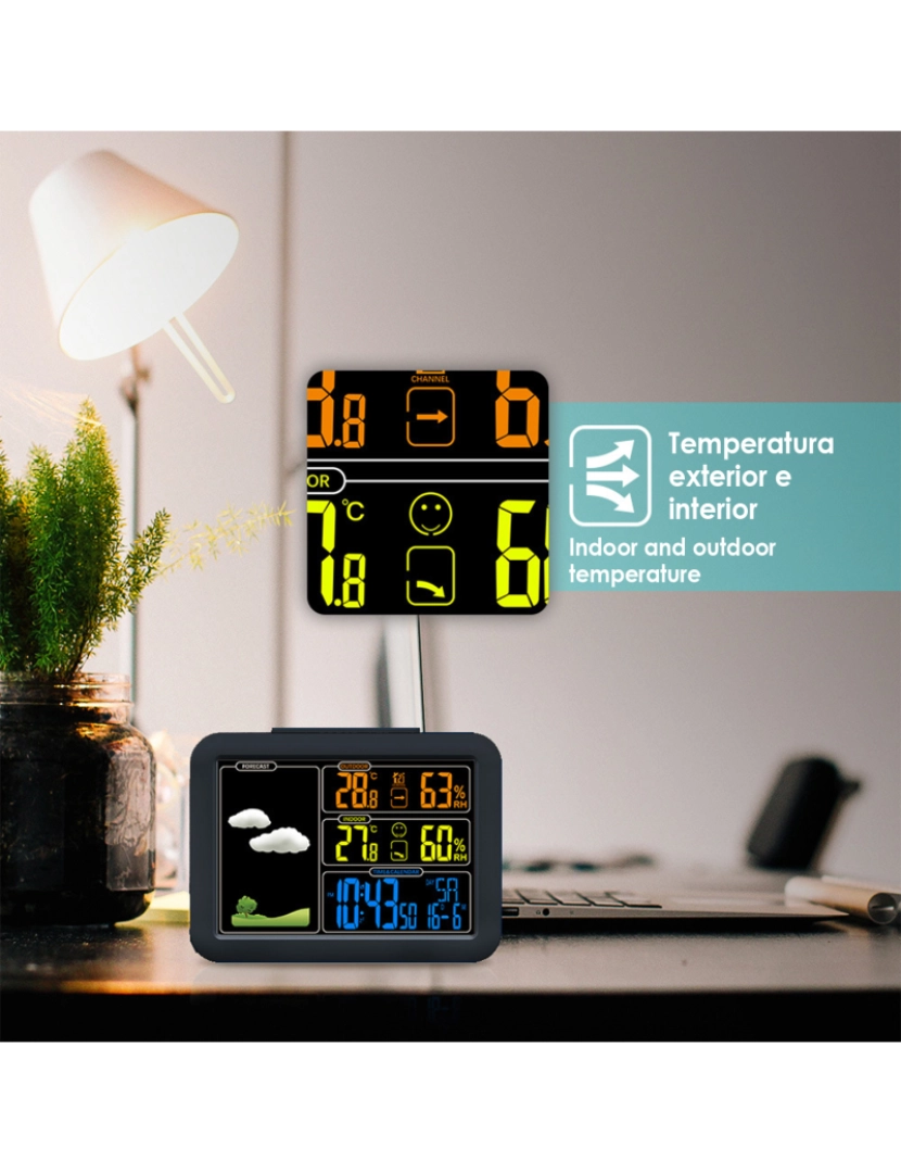 imagem de DAM. Estação meteorológica colorida automática de alta precisão com barômetro higrômetro. Temperatura e humidade interior e exterior. Inclui transmissor externo.3