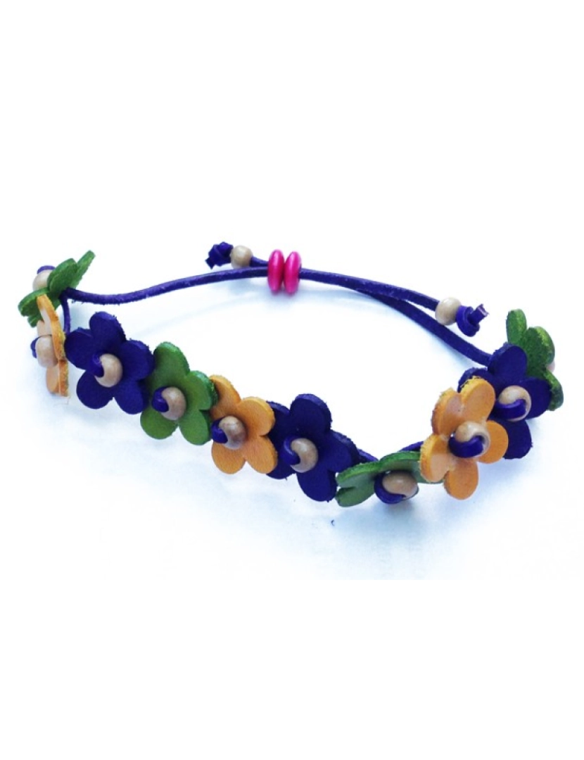 Bijoucolor - pulseira de couro com flores azuis, amarelas e verdes