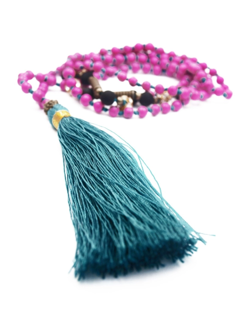 imagem de Long collier, perles rose fuschia, pompon vert foncé, perles de strass et noir2