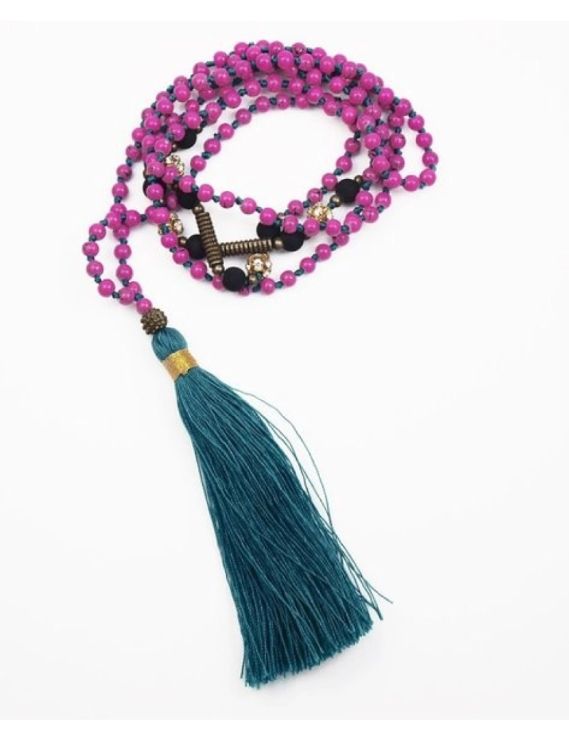 imagem de Long collier, perles rose fuschia, pompon vert foncé, perles de strass et noir4