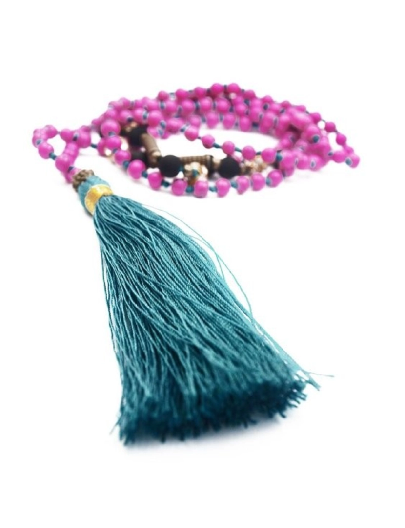 imagem de Long collier, perles rose fuschia, pompon vert foncé, perles de strass et noir5