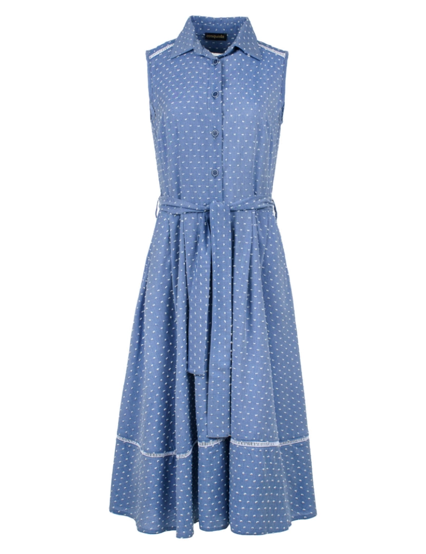 Conquista - Indigo Polka Dot botão detalhe vestido