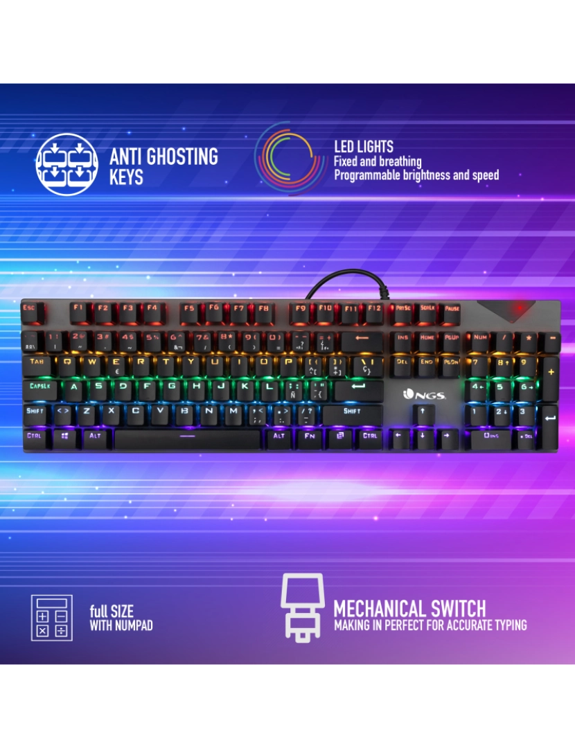 imagem de NGS GKX-500: TECLADO COMPLETO GAMING. ILUMINAÇÃO LED, TECLAS PROGRAMÁVEIS, METÁLICO, ANTIGHOSTING. PS4/ PS5/ XBOX One / XBOX X/S. Plug & Play2