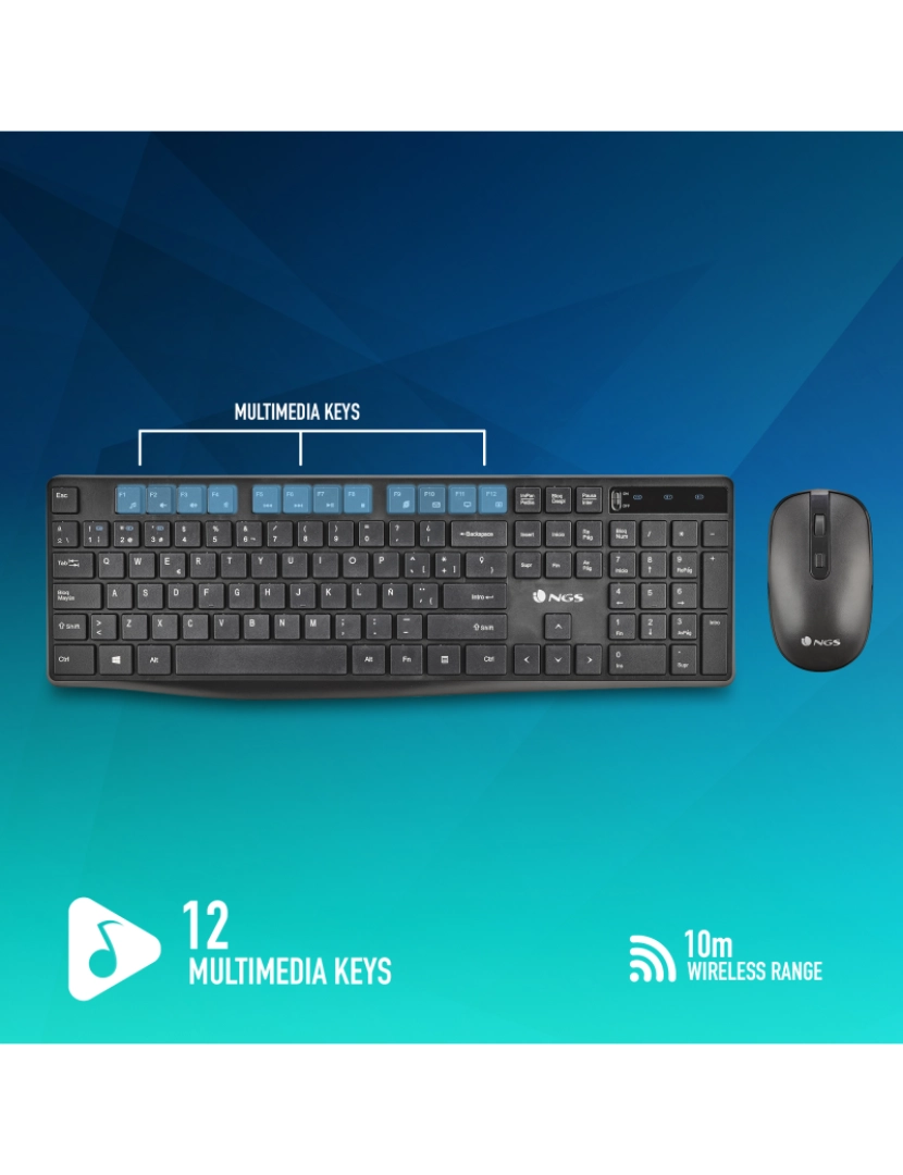 imagem de NGS Hype KIt: conjunto de rato teclado multimodo sem fios. Multiconexão BT4. 0 + BT4. 0 + 2. 4G. DPI: 800/1200/1600. PLUG & PLAY. 12 TECLAS MULTIMEDIA8