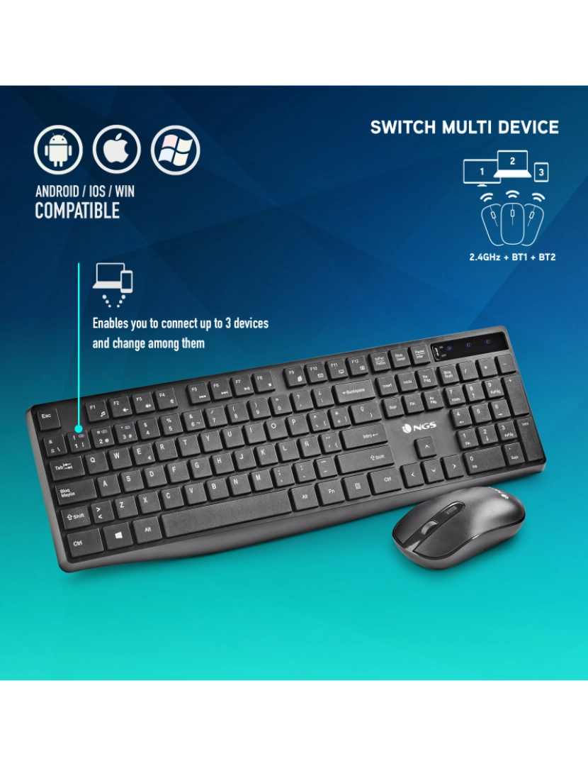 imagem de NGS Hype Kit PORTUGUESE: Pack de rato teclado multimodo sem fios. Multiconexão BT4. 0+BT4. 0+2.4G. DPI:800/1200/1600. 12 TECLAS MULTIMEDIA.2