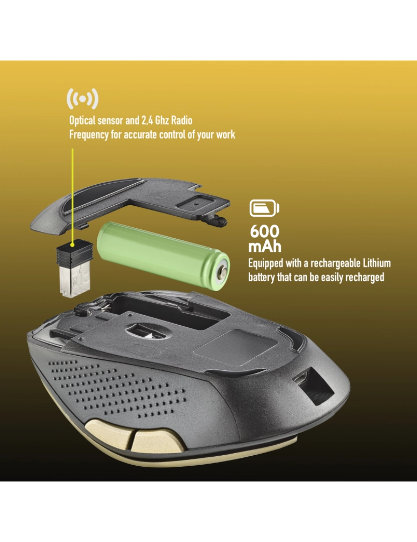 imagem de NGS EVO RUST GOLD: Rato sem fios recarregável com botões silenciosos. DPI: 800/1200/1600. Scroll +5 botões. Destro. Compacto. Cor dourado.6