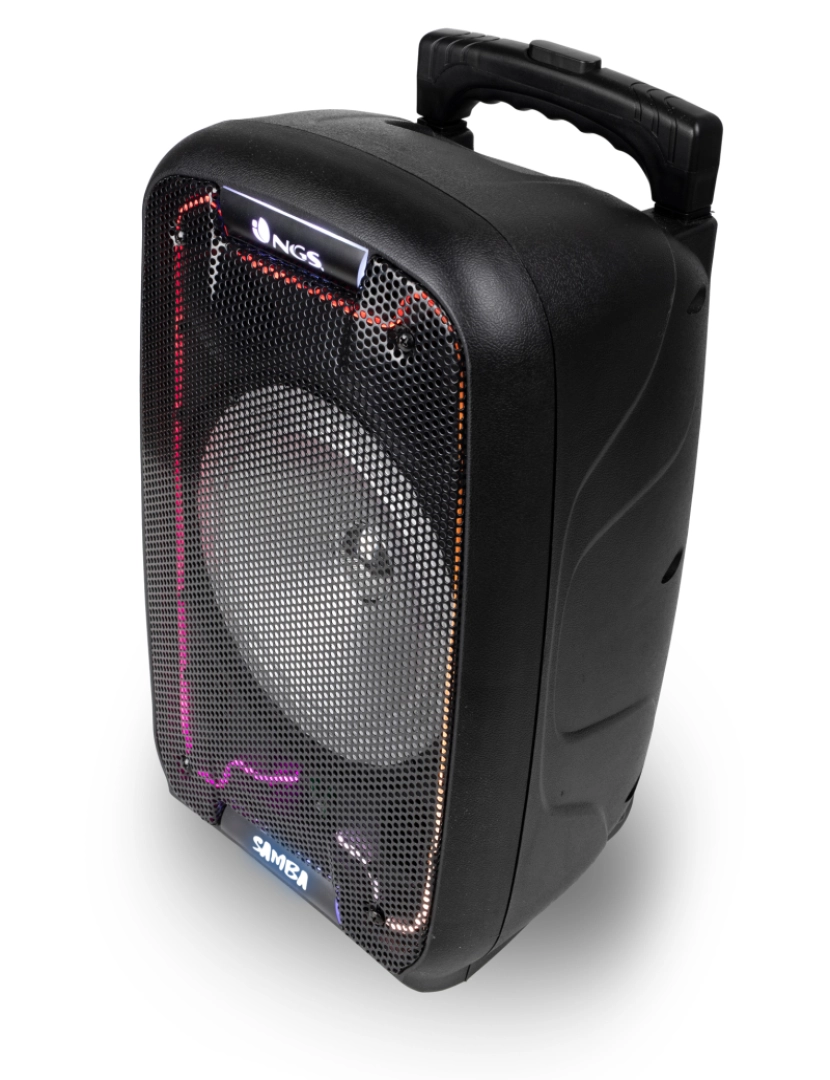 imagem de NGS WILD SAMBA: Coluna portátil 30W 8", compatível com a tecnologia Bluetooth e TWS-USB/SD/BT. 4 HRS BATERIA. rodas e o trolley.luzes LED. Microfono.3