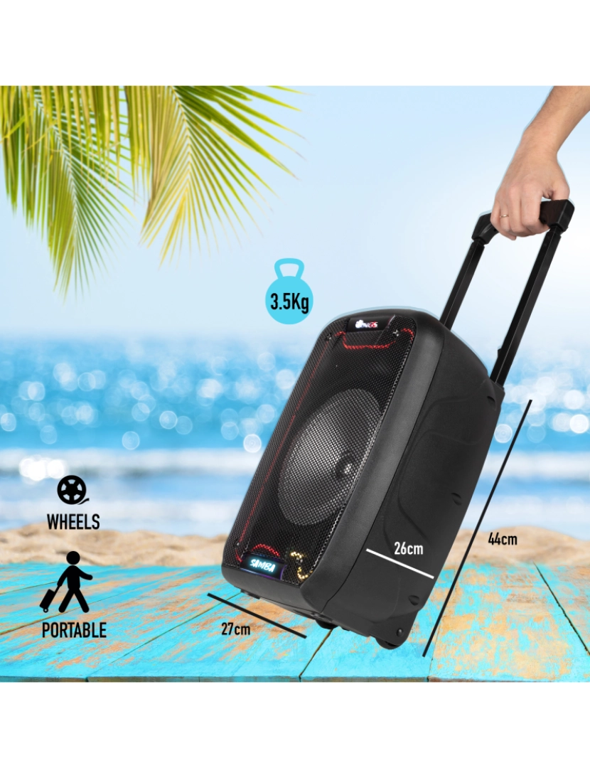 imagem de NGS WILD SAMBA: Coluna portátil 30W 8", compatível com a tecnologia Bluetooth e TWS-USB/SD/BT. 4 HRS BATERIA. rodas e o trolley.luzes LED. Microfono.4