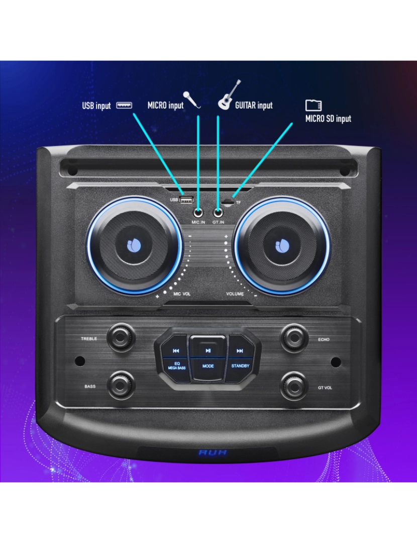 imagem de ALTIFALANTE  NGS WILD DUB 2 800W DUPLO SUBWOOFER 12" compatível com a tecnologia Bluetooth e TWS/ USB/MICROSD/AUX IN. Comando. Luzes LED.6